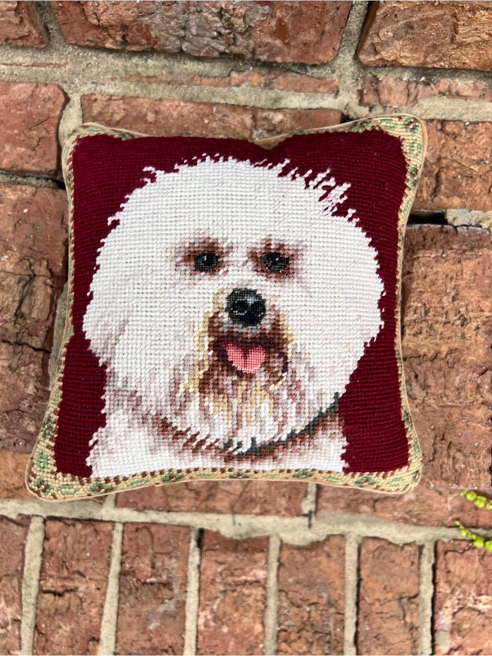 Vintage Handmade Wool Needlepoint Bichon Pillow 10" x 10" Decor Dog Novelty